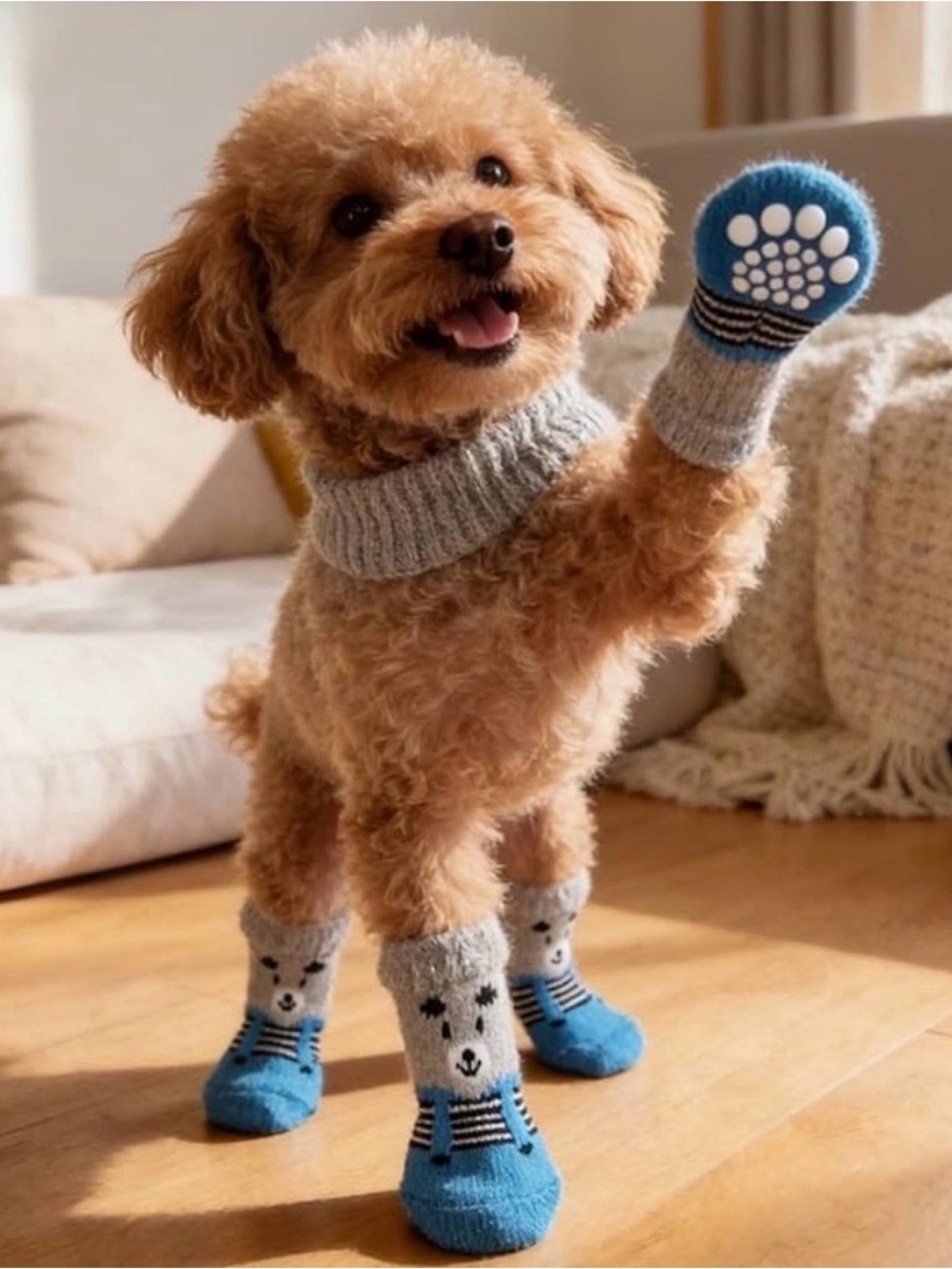 💞 New Size Medium Blue & Gray Puppy Dog Non-Skid Grippy Socks